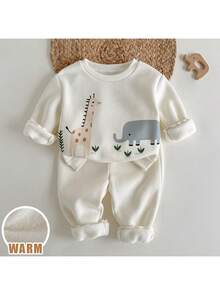 Loomiva 2pcs Baby Boy Cartoon Animal Print Crew Neck Long Sleeve Top And Elastic Waist Pants Set