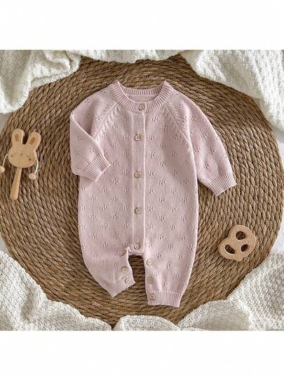 Loomiva Nyfödd pojke/flicka enfärgad stickad mjuk rund hals långärmad sparkdräkt med långa byxor, mångsidig och bekväm