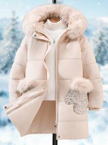 SHEIN 1pc Girls' Pink Hooded Padded Coat With Pockets And Sequin Design, Mid-Length, Suitable For Autumn/Winter - Apricot - View 3