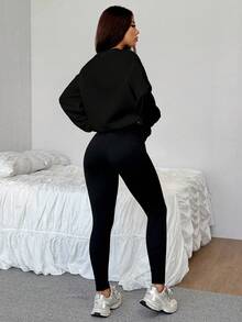 SHEIN EZwear 2 件鹿图案休闲宽松圆领运动衫和紧身打底裤套装，适合秋冬季 - 黑色 - 查看 3