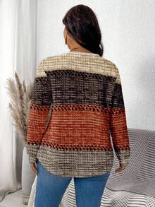 EMERY ROSE Thanksgiving Autumn Merlot Color Textured Striped Print Casual Plus Size Women Crew Neck Long Sleeve Sweatshirt, Waffle Knit Suitable For  Brown Long Sleeve Fall Tops Women,Spring - Multicolor - View 2