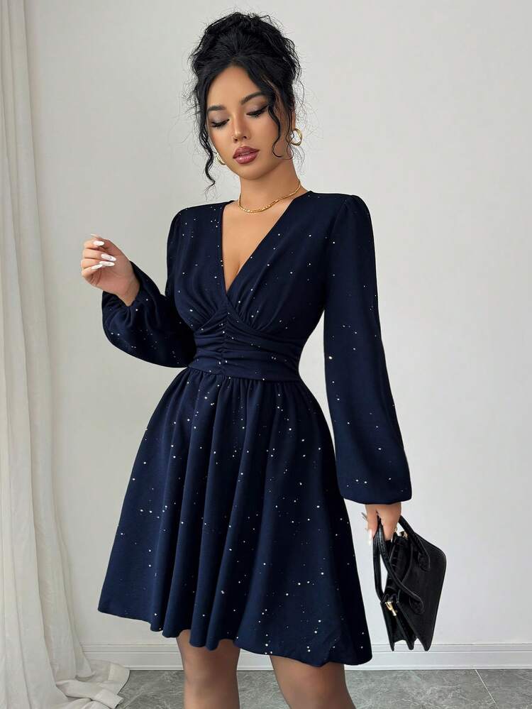 Elenzga 全新 V 领纹理金属前褶腰泡泡袖 A 字形设计休闲迷你连衣裙，适合度假、日常穿着、年轻优雅、秋冬 - 寶藍色 - 查看 5