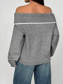 SHEIN Unity Áo len ngắn ren tương phản dễ thương hở vai thường ngày dành cho nữ - Xám - Xem 2