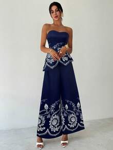 Firerie Bộ 2 món áo ống viền bất đối xứng và quần ống rộng cạp cao thanh lịch, lãng mạn, giản dị, dành cho nữ, mùa hè - Màu xanh hải quân - Xem 6