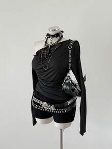 Sunspun Áo thun tay dài phối lưới vá họa tiết Punk & Casual cỡ lớn dành cho nữ - màu đen - Xem 3