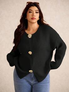Elaquor Plus Size Minimalist Casual Solid Color Metal Button Decor Knit Cardigan, Autumn/Winter - Black - View 7