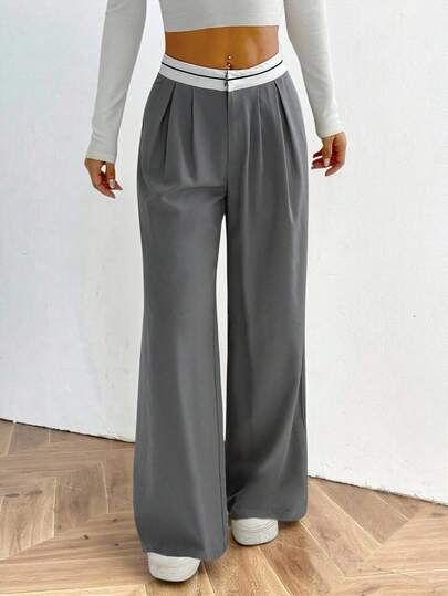 SHEIN PETITE Women's Casual & Commuting Contrast Waistband Wide Leg Suit Pants, Petite,Thanksgiving,Gray Wide-Leg Pants With Black And White Contrast Waistband Casual And Daily Design With Contrasting Colors Autumn Winter