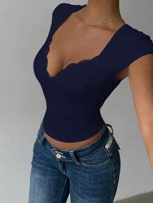 INAWLY Kaos Wanita Polos Model Sweetheart Neck dengan Hiasan Renda dan Lengan Pendek, Potongan Pas Badan, Seksi - Royal Blue - View 7