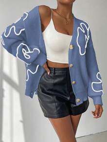 SHEIN Unity Floral Pattern Drop Shoulder Cardigan - Baby Blue - View 4