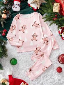 SHEIN Tween Girls Casual Homewear Crew Neck Long Sleeve Pajama Set - Pink - View 2