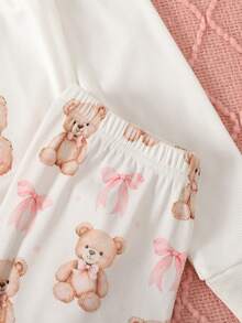 SHEIN Áo thun dài tay cổ tròn in hình gấu hoạt hình và nơ đơn giản tối giản kèm quần bó vừa vặn thoải mái cho bé gái tuổi teen, phù hợp cho mùa thu/đông - Hồng - Xem 4