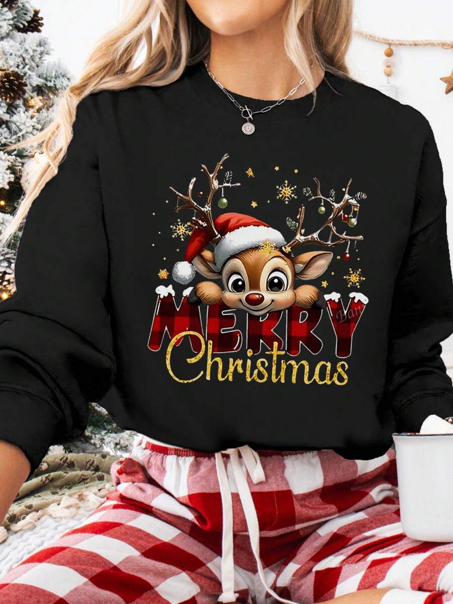 EMERY ROSE Christmas Cute Reindeer & Letter Graphic Crew Neck Long Sleeve Fashionable Plus Size Sweatshirt, Autumn/Winter - Black - View 1