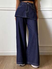 DAZY 2pcs Western Cowgirl Loose Wide Leg Pants & Skirt Set, Casual Street Style For Women, Autumn/Winter Women Jeans - Blue - View 4