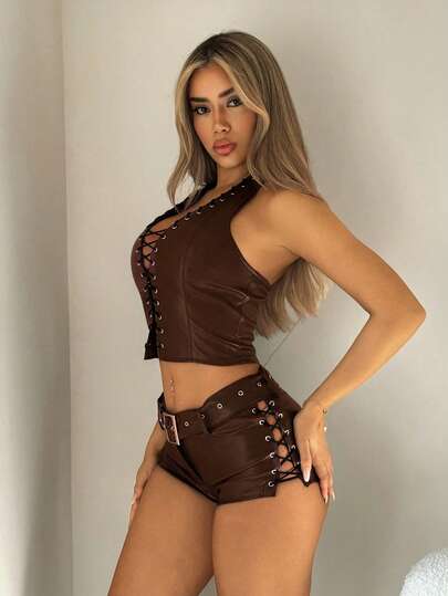 SHEIN ICON Women's Burgundy Plunging Neck Tie-Up Crop Top With Side Tie-Up Super Short Shorts 2 Pieces Set Brown 2 Piece Set Sexy 2 Piece Sets Woman