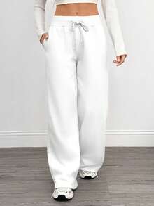 SHEIN Tall 舒适休闲纯色针织低腰阔腿女运动长裤秋冬保暖加绒 - 白色 - 查看 5