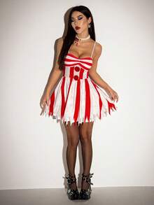 SHEIN ICON 万圣节角色扮演白色和红色派对性感小丑服装不对称下摆泡泡袖A字吊带背心裙，红白拼色 - 紅白色 - 查看 7