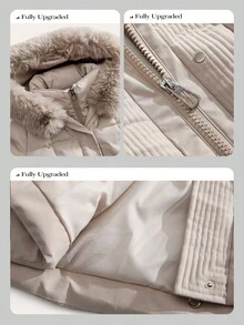 Anewsta 女士优雅束腰中长款蓬松可拆卸人造毛领绗缝拉链夹棉大衣，杏色 - 杏色 - 查看 8