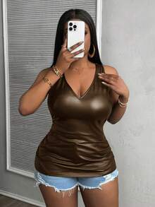 Slaydiva 大码女式紧身深V领褶皱PU上衣 - 棕色 - 查看 7