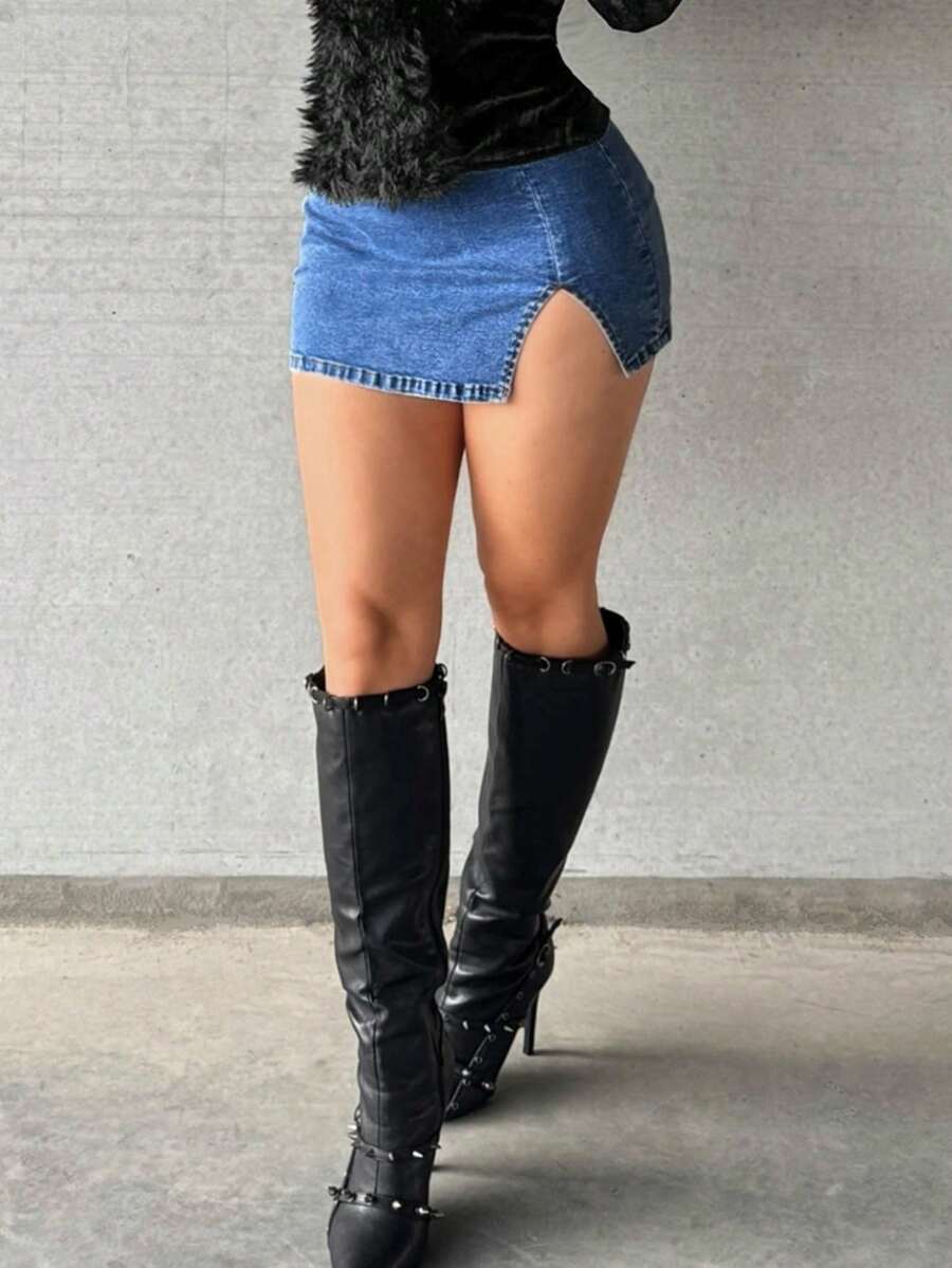 Jeanoix Váy denim mini gợi cảm cho nữ - Màu xanh lam - Xem 1