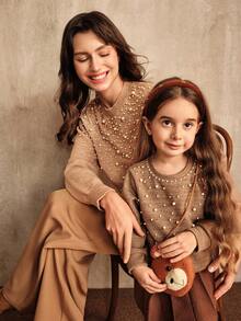 SHEIN 年轻女孩时尚针织毛衣，长袖圆领手工串珠设计套头衫，适合秋冬穿着 - 棕色 - 查看 9