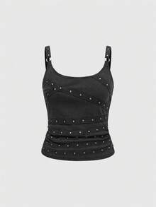 ROMWE Grunge Punk Y2K 朋克摇滚音乐节铆钉水钻吊带性感低胸女式吊带背心 - 灰色 - 查看 1