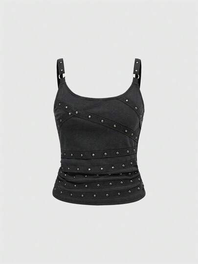 Grunge Punk Débardeur sexy à encolure dégagée pour femmes avec rivets et strass, style punk rock Y2K