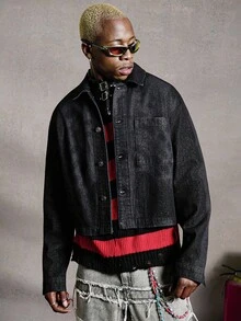 Manfinity EMRG Men Distressed Laser Washed Black Denim Top, Fall - Blue - View 3