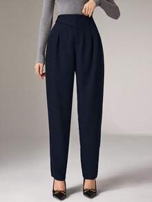 Heiryn Women's Button Design Pleated Loose Straight Leg Pants - Navy Blue - View 4