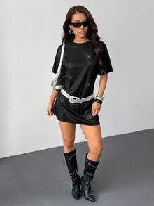 SHEIN PETITE 银色落肩闪光演唱会服装T恤连衣裙 - 黑色 - 查看 4