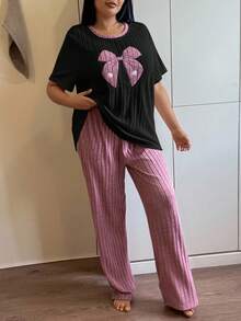 SHEIN Große Größen Damen gestrickter gerippter Schleife Stickerei Rundhals Kurzarm Hose Lässig Pyjama Set
