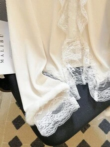 SHEIN Franclia Lace Patchwork V-Neck Knit Sweater For Women, Unique French Style Fluffy Fitted T-Shirt, Autumn/Winter - Beige - View 6