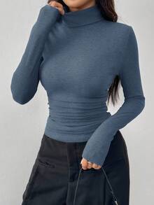 SHEIN EZwear 女式休闲日常通勤简约纯色高领长袖紧身T恤，秋冬 - 霧霾藍 - 查看 7