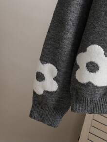 SHEIN 2pcs Teenager Knitted Sweater And Pants Set, Round Neck Dropped Shoulder Sunflower Jacquard Loose Knitted Pullover And Pants - Grey - View 6