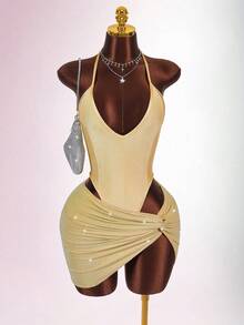 Amplova Conjunto de mono cómodo de color metálico y minifalda con brillo para mujer