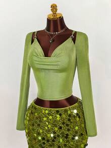 Y2K Amplova Christmas New Year Thanksgiving Sequins Party Vintage Wild Plunging Neckline Sexy Design Long Sleeve Top Fairycore Mermaid Green - Green - View 3