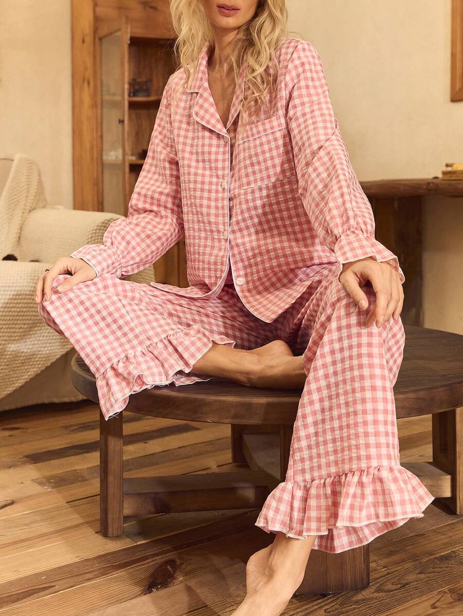 Lullawish Bohemian Style Printed Cotton Woven Lantern Sleeve Top & Pants Women Pajama Set, Fall & Winter Clothes - Pink - View 1