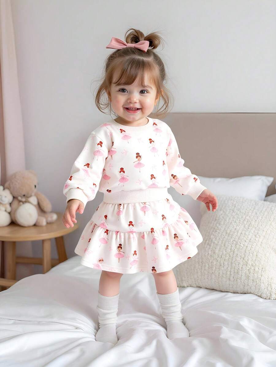 SHEIN Playful Pals 2pcs Girls Sweet Ballet Girl Print Set, Long Sleeve Top + Skirt, All-Over Print Design - Pink - View 1