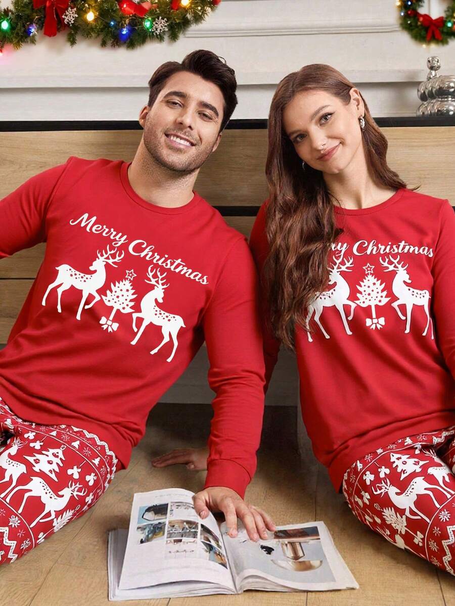 SHEIN 一套圣诞快乐女士睡衣，红色长袖上衣，饰有圣诞树图案，手写体“圣诞快乐”字样，撞色拼接长裤，饰有层叠圣诞树和雪花图案，弹力透气针织面料，可机洗，穿着舒适，易于打理（4套单独出售），冬季服装