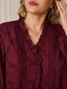 EMERY ROSE Plus Size V-Neck Long Sleeve Pleated Ruffle Hem Elegant Fashion Blouse For Women Red Top  Stylish Clothing Collection Elegant Party Clothes For New Year Christmas Clothes For Women  Winter Clothes For Women