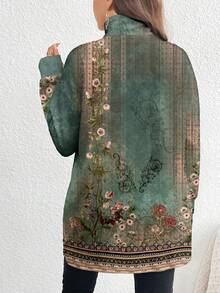 EMERY ROSE Camiseta larga de cuello alto con patrón floral elegante y retro de talla grande, para primavera/otoño - Multicolor - Ver 2