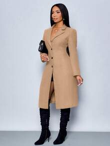 SOLERSUN 冬季女装优雅性感新年派对圣诞冬季夹克保暖长款妮子西装外套职业通勤收腰冬季夹克感恩节女装中长款外套 - 卡其色 - 查看 5