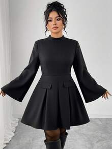 Elenzga Plus Size Women's Solid Color Stand Collar Lantern Sleeve Ruffle Hem Elegant Mini Dress, Faux Pocket Chic Blazer Dress - Black - View 4