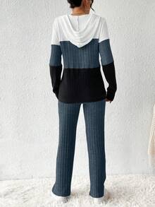 EMERY ROSE Women's Contrast Color Hooded Long Sleeve Top And Solid Color Pants Set - Blue - View 2