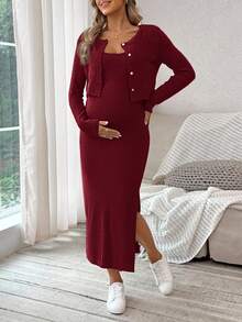 SHEIN 2025 Autumn/Winter New Maternity 2 Pieces Set, Jacket Paired With Long Dress, High Stretch Knit Maternity Outfit - Burgundy - View 3