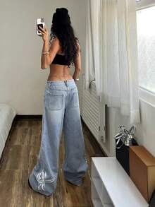 SHEIN Tall Women's Casual Washed Print Low Waist Wide Leg Jeans - Blue - View 2