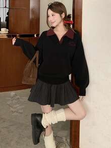 DAZY Suéter casual de estilo coreano con bloques de color para mujer, otoño/invierno - Negro - Ver 3