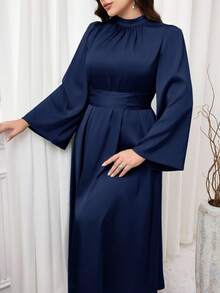 Modelyn Plus Size Elegant Solid Color Bell Sleeve Dress, Suitable For Party - Navy Blue - View 1