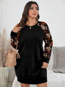 EMERY ROSE Vintage Maple Leaf Print Casual Minimalist Plus Size Women Raglan Sleeve Crew Neck Sweatshirt, Black Long Sweatshirt For Autumn/Winter Plus Size Casual Dress - Multicolor - View 4