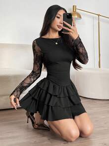 SHEIN PETITE Women's New Black Lace Patchwork Layered Ruffle Hem Mini Dress, Fall Women Clothes ,Petite Women - Black - View 1