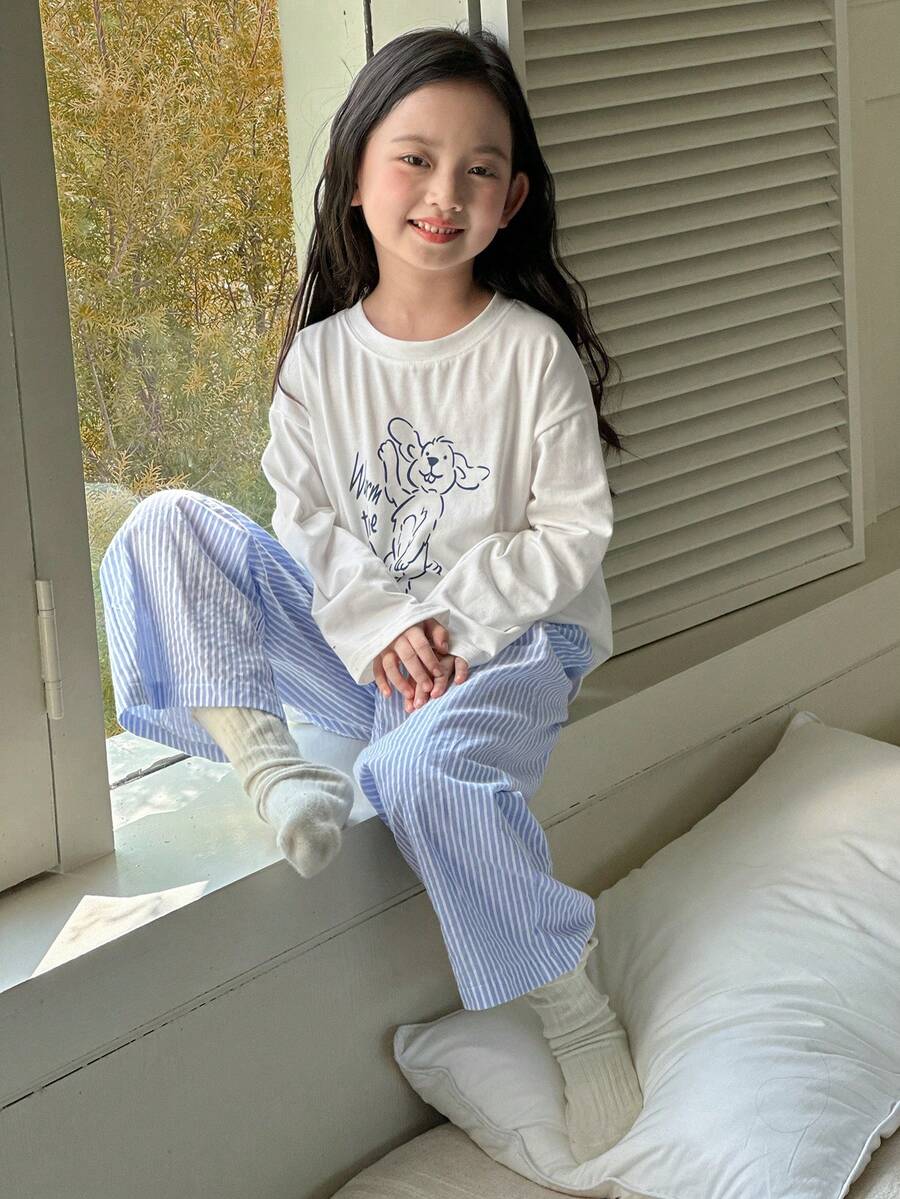 DAZY 2pcs Young Girl Girls Knit Printed Long Sleeve T-Shirt + Woven Striped Pants Loungewear Set, Fall - Blue - View 1